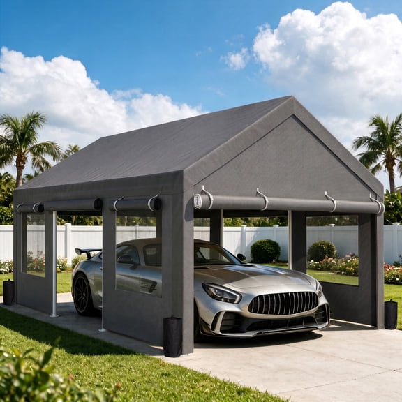 Walsunny 12x20 ft Carport with 4 Sandbags Heavy Duty Canopy with Roll-up Windows Portable Garage with Removable Sidewalls & Doors Car Canopy Gray
