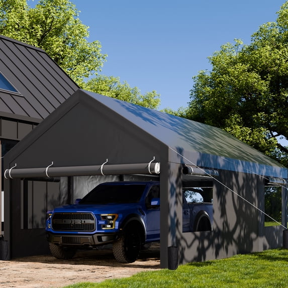 Walsunny 12x20 ft Carport with 4 Sandbags Heavy Duty Canopy with Roll-up Windows Portable Garage with Removable Sidewalls & Doors Car Canopy Gray