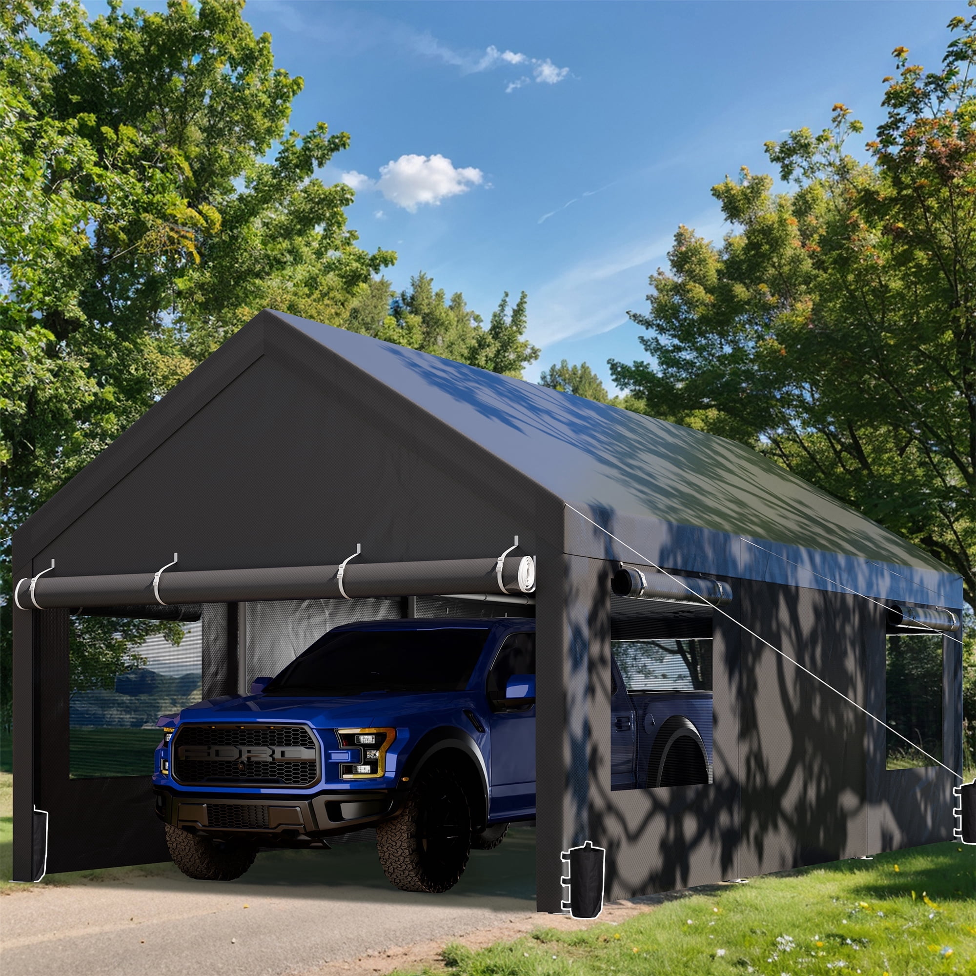 Walsunny 12x20 ft Heavy Duty Carport with Removable Sidewalls