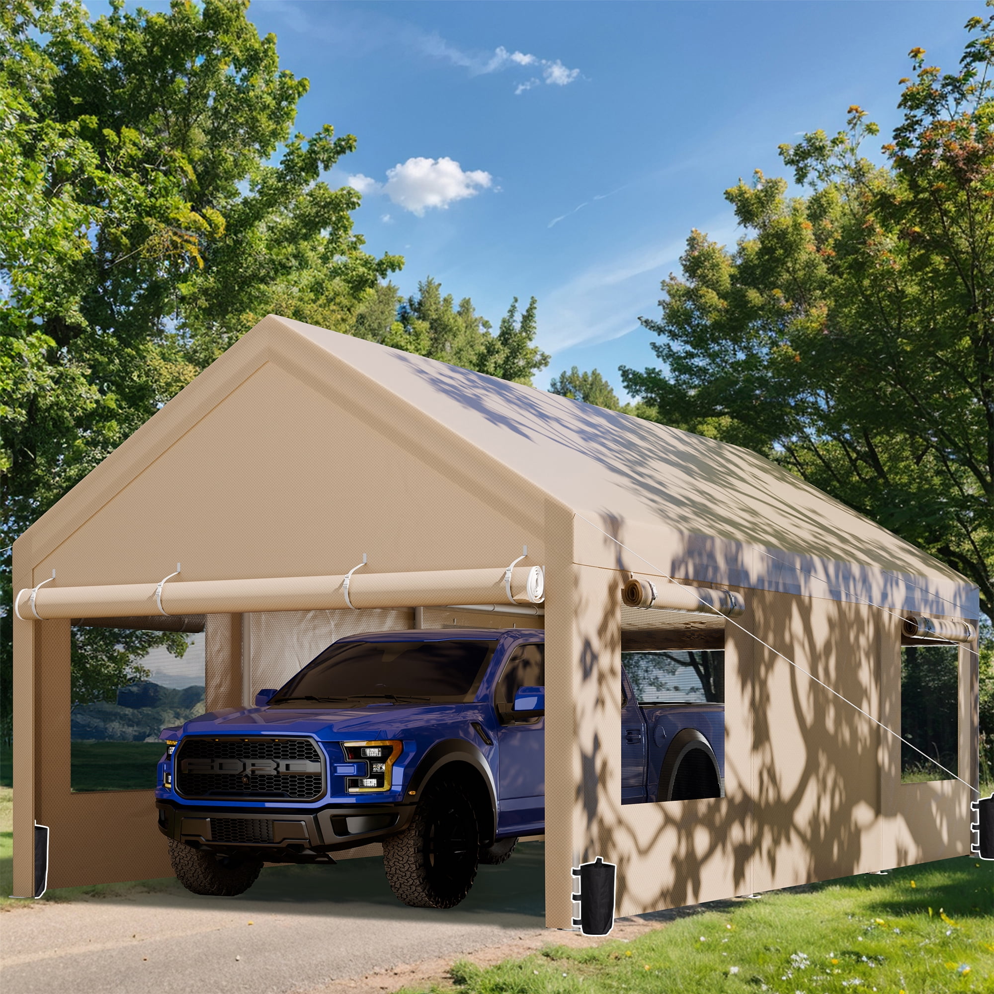 Walsunny 12x20 ft Carport with 4 Sandbags Heavy Duty Canopy with Roll-up Windows Portable Garage with Removable Sidewalls & Doors Car Canopy Khaki