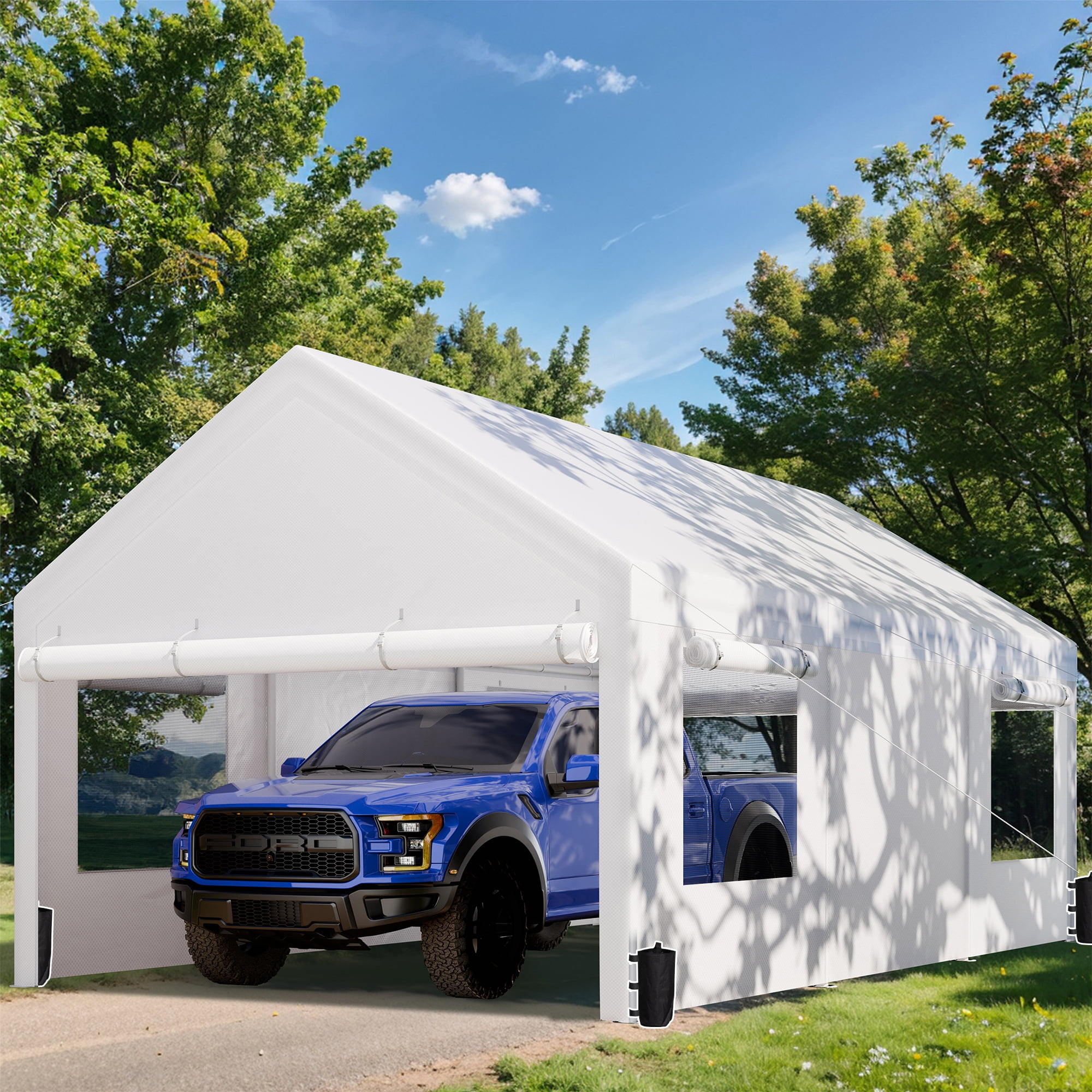 Walsunny 12x20 ft Carport with 4 Sandbags Heavy Duty Canopy with Roll-up Windows Portable Garage with Removable Sidewalls & Doors Car Canopy White