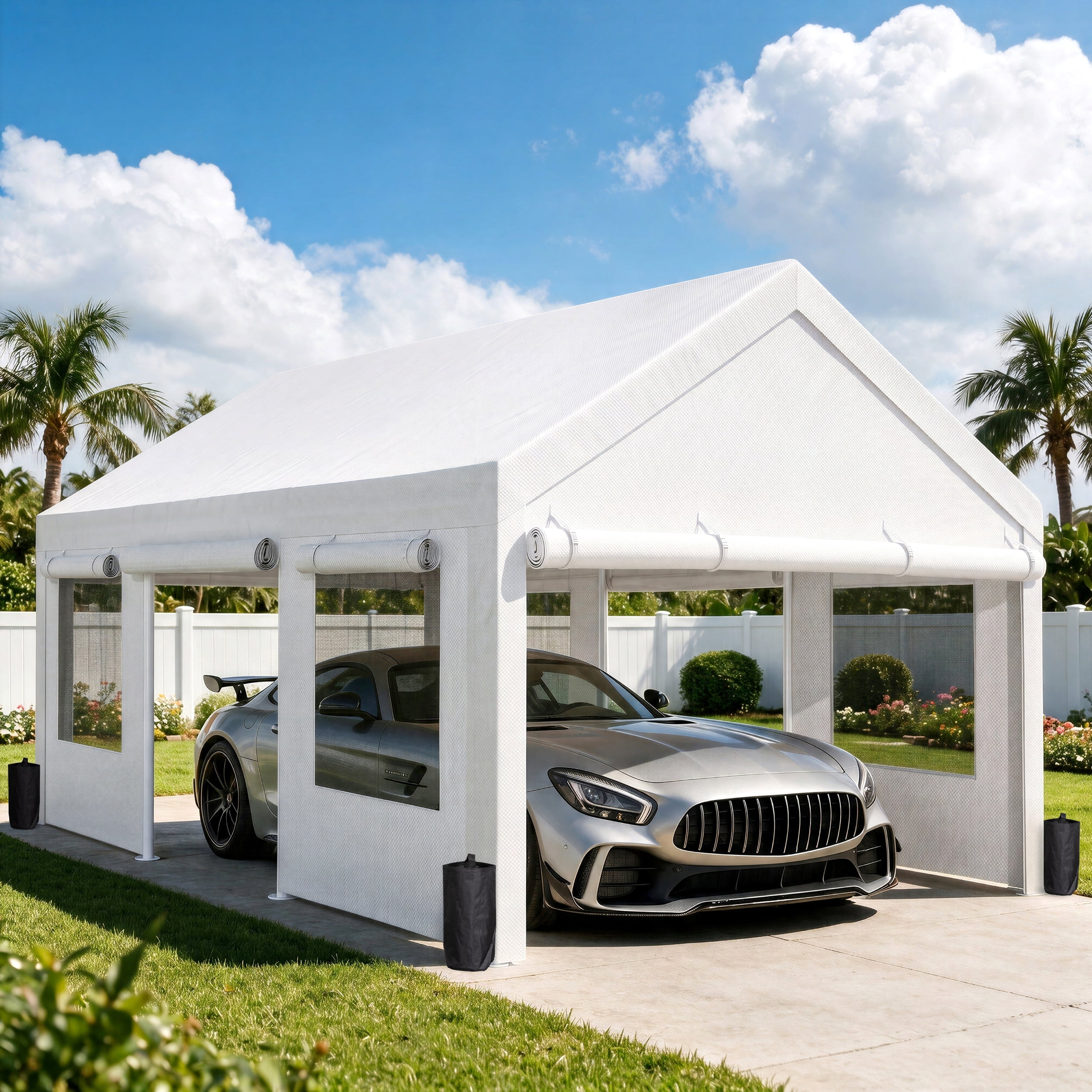 Walsunny 12x20 ft Heavy Duty Carport with Roll-up Windows and