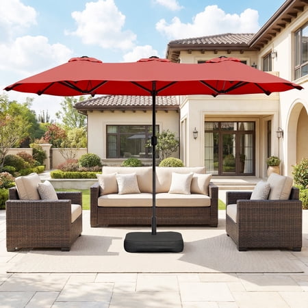 Walsunny 13 ft Outdoor Patio Umbrella with Base Included, Large Double-Sided Rectangular Umbrella with Crank Handle for Outside, Red