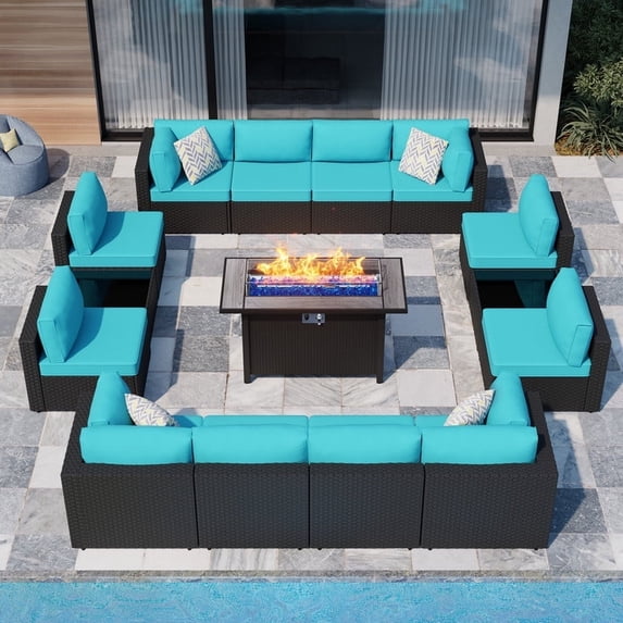 Walsunny 15 Pieces Patio Wicker Rattan Fire Pit Furniture Conversation Sets with Outdoor Sectional Sofa,45" Gas Propane Fire Pit Table,Glass Coffee Table,Black Rattan Blue Cushion