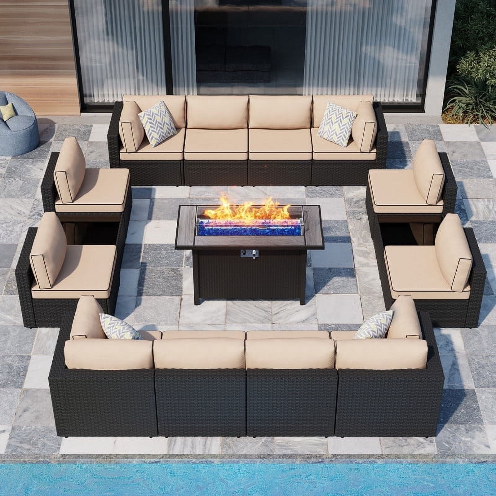 Walsunny 15 Pieces Patio Wicker Rattan Fire Pit Furniture Conversation Sets with Outdoor Sectional Sofa,45" Gas Propane Fire Pit Table,Glass Coffee Table,Black Rattan Khaki Cushion