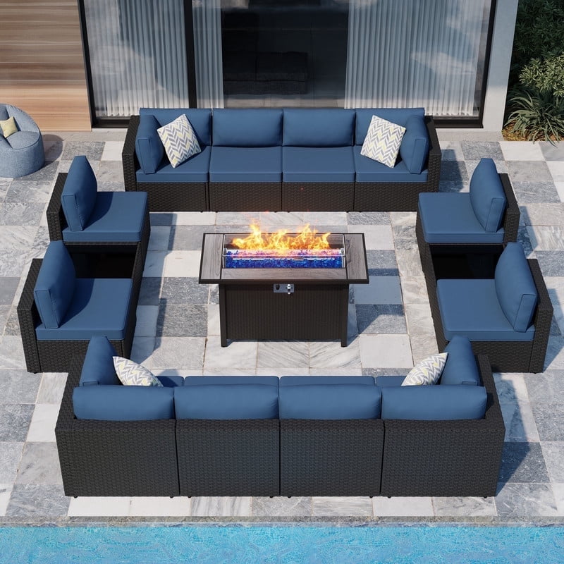 Walsunny 15 Pieces Patio Wicker Rattan Fire Pit Furniture Conversation Sets with Outdoor Sectional Sofa,45" Gas Propane Fire Pit Table,Glass Coffee Table,Black Rattan Aegean Blue Cushion