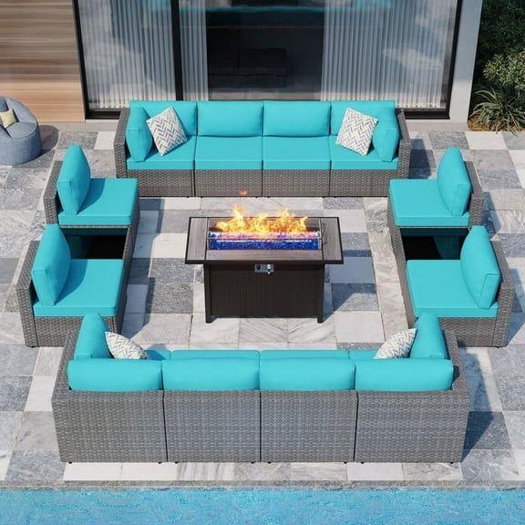Walsunny 15 Pieces Patio Wicker Rattan Fire Pit Furniture Conversation Sets with Outdoor Sectional Sofa,45" Gas Propane Fire Pit Table,Glass Coffee Table,Silver Rattan Blue Cushion