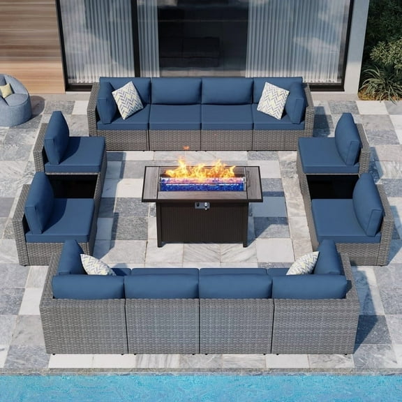 Walsunny 15 Pieces Patio Wicker Rattan Fire Pit Furniture Conversation Sets with Outdoor Sectional Sofa,45" Gas Propane Fire Pit Table,Glass Coffee Table,Silver Rattan Aegean Blue Cushion