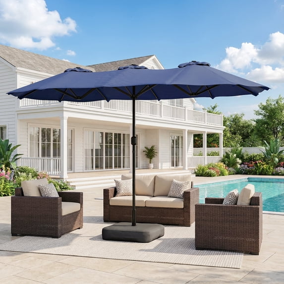 Walsunny 16 FT Large Outdoor Patio Umbrella with Base Included, Double-Sided Rectangular Umbrella with Crank Handle for Outside, Dark Blue