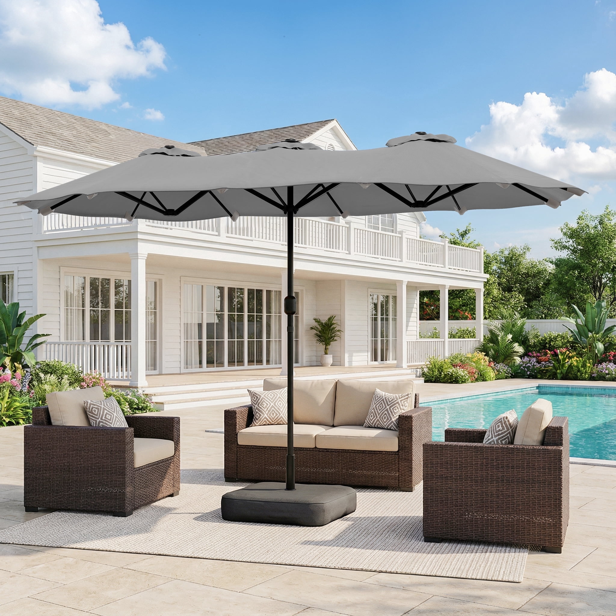 Walsunny 16 FT Large Outdoor Patio Umbrella with Base Included, Double-Sided Rectangular Umbrella with Crank Handle for Outside, Gray