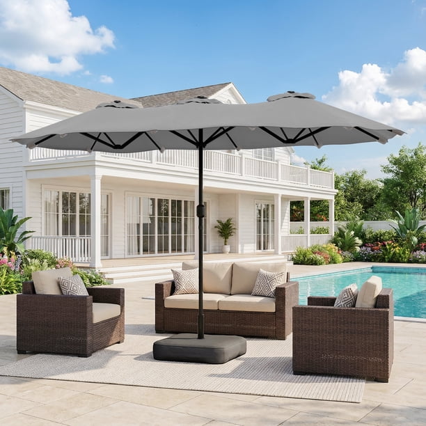 large rectangular hanging patio umbrella light gray PURPLE LEAF Solar Powered LED Umbrella with Lights It comes with the unique mechanism that allows you to seamlessly rotate and tilt to achieve shading and wind and rain effects Garvee 15' Large Patio Umbrella