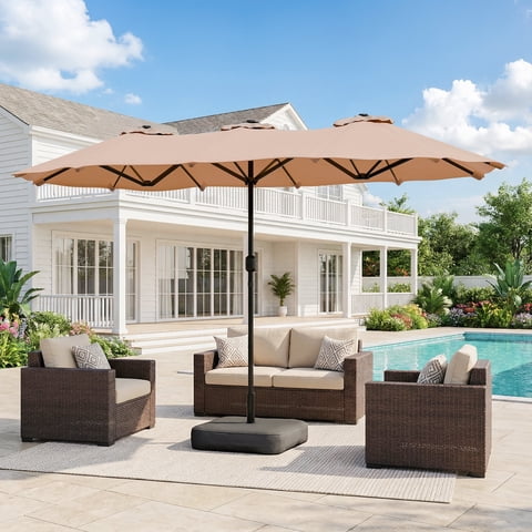 Walsunny 16 FT Large Outdoor Patio Umbrella with Base Included, Double-Sided Rectangular Umbrella with Crank Handle for Outside, Khaki