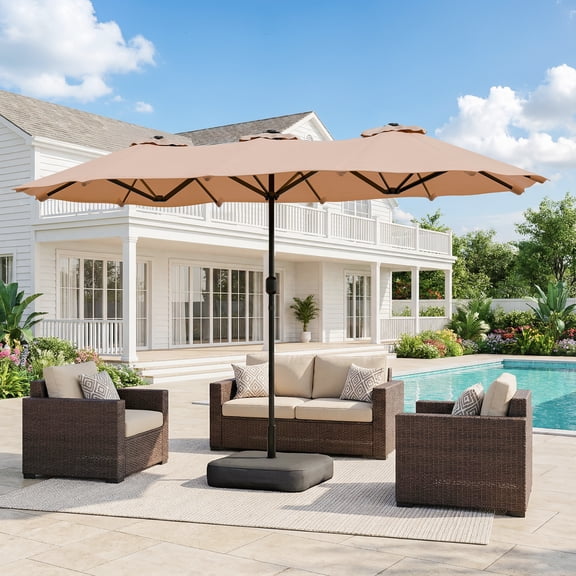 Walsunny 16 FT Large Outdoor Patio Umbrella with Base Included, Double-Sided Rectangular Umbrella with Crank Handle for Outside, Khaki