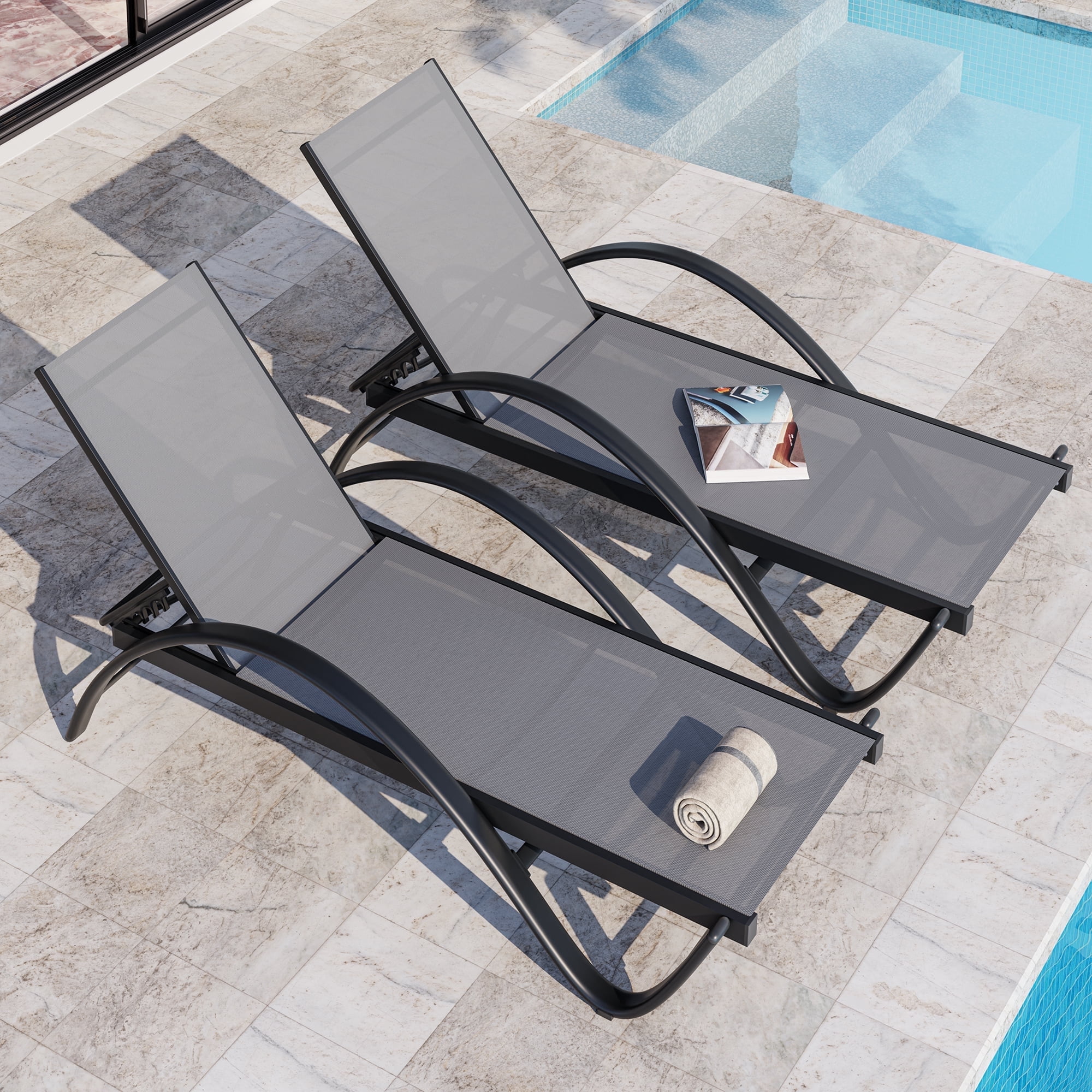Walsunny Outdoor Patio Lounge Chairs, Aluminum, Reclining, 5 Positions ...