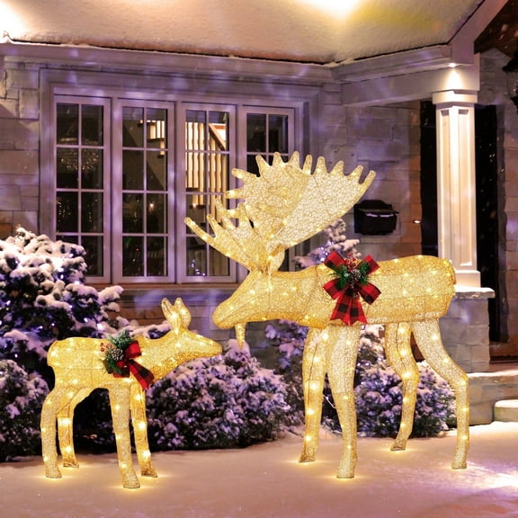 Walsunny 2-Piece 3D Lighted Christmas Reindeer Family with 170 Warm White LED Lights Festive Holiday Decoration