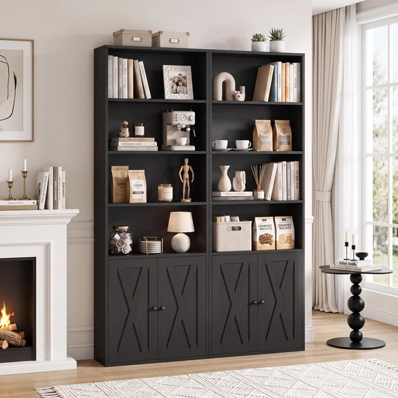 Walsunny 2PCS Bookcase with Doors, 6-Tier Bookshelf with Storage, Farmhouse Bookshelves with Cabinet, Storage Display Shelf for Living Room Home Office, Black