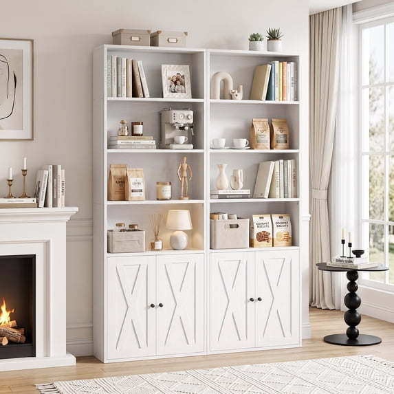 Walsunny 2PCS Bookcase with Doors, 6-Tier Bookshelf with Storage, Farmhouse Bookshelves with Cabinet, Storage Display Shelf for Living Room Home Office, White