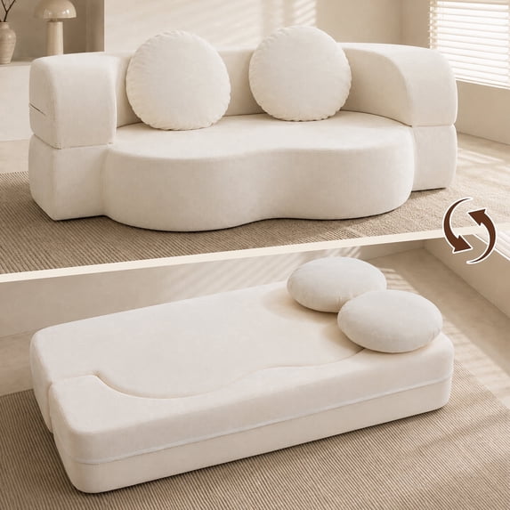 Walsunny Convertible Boneless Sofa Bed, 2-in-1 Foldable Floor Couch with Two Foam Pillows, Comfy Floor Sleeper Couch for Living Room, White