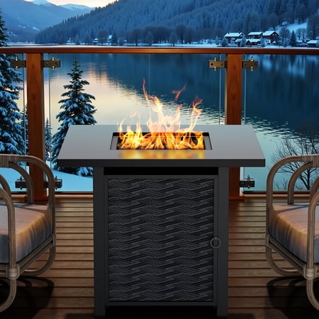 Walsunny 28" Propane Fire Pit Table Outdoor Gas Fire Pit with Lava Rocks 50,000 BTU Fire Table with Lid, Waterproof Cover