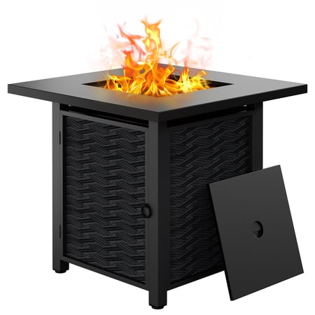 Walsunny 28" Propane Gas Fire Pit Table 50,000 BTU Square Outdoor Wicker Grey