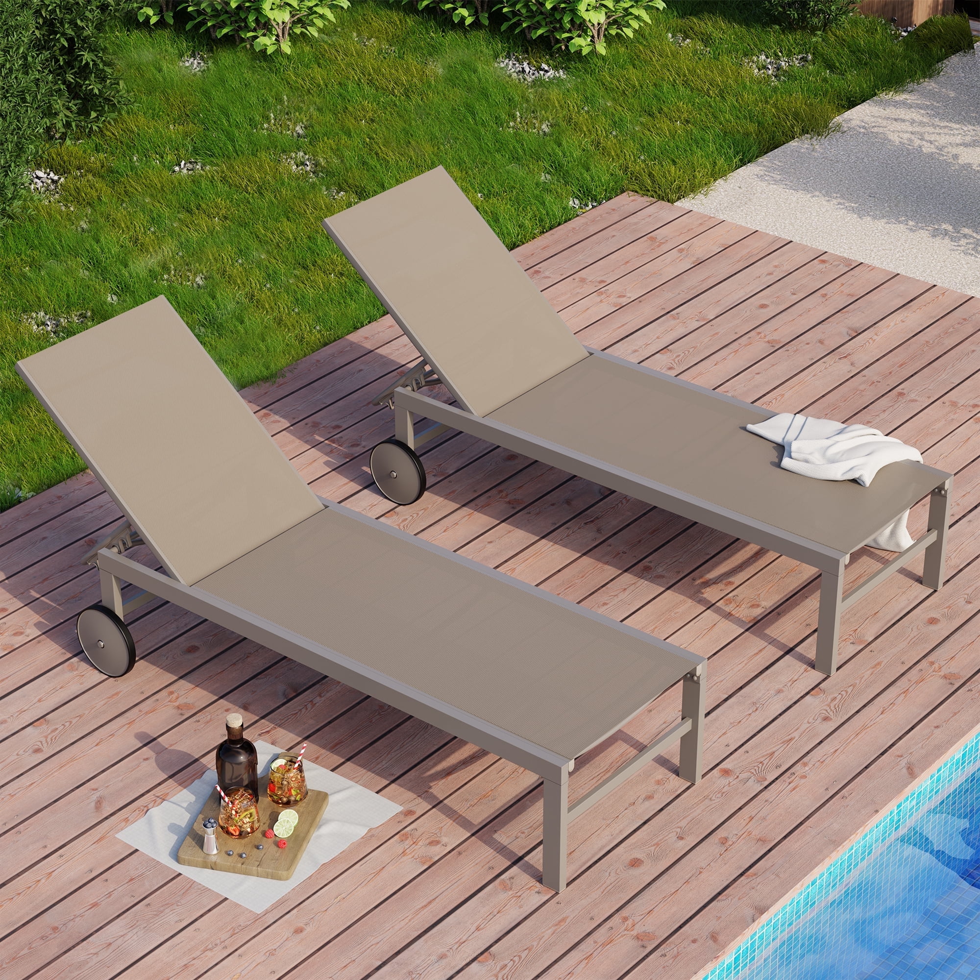 Walsunny 2pcs Patio Outdoor Chaise Lounge Chair with Wheels for Outside Aluminum Adjustable Angle Lounge Chair Set Brown
