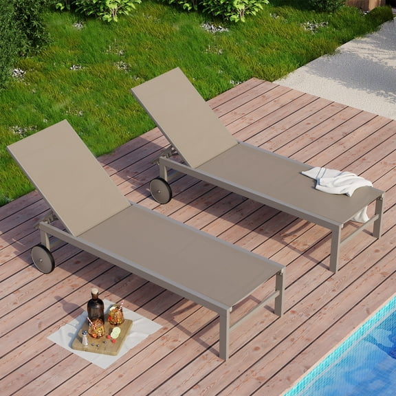 Walsunny 2pcs Patio Outdoor Chaise Lounge Chair with Wheels for Outside Aluminum Adjustable Angle Lounge Chair Set Brown