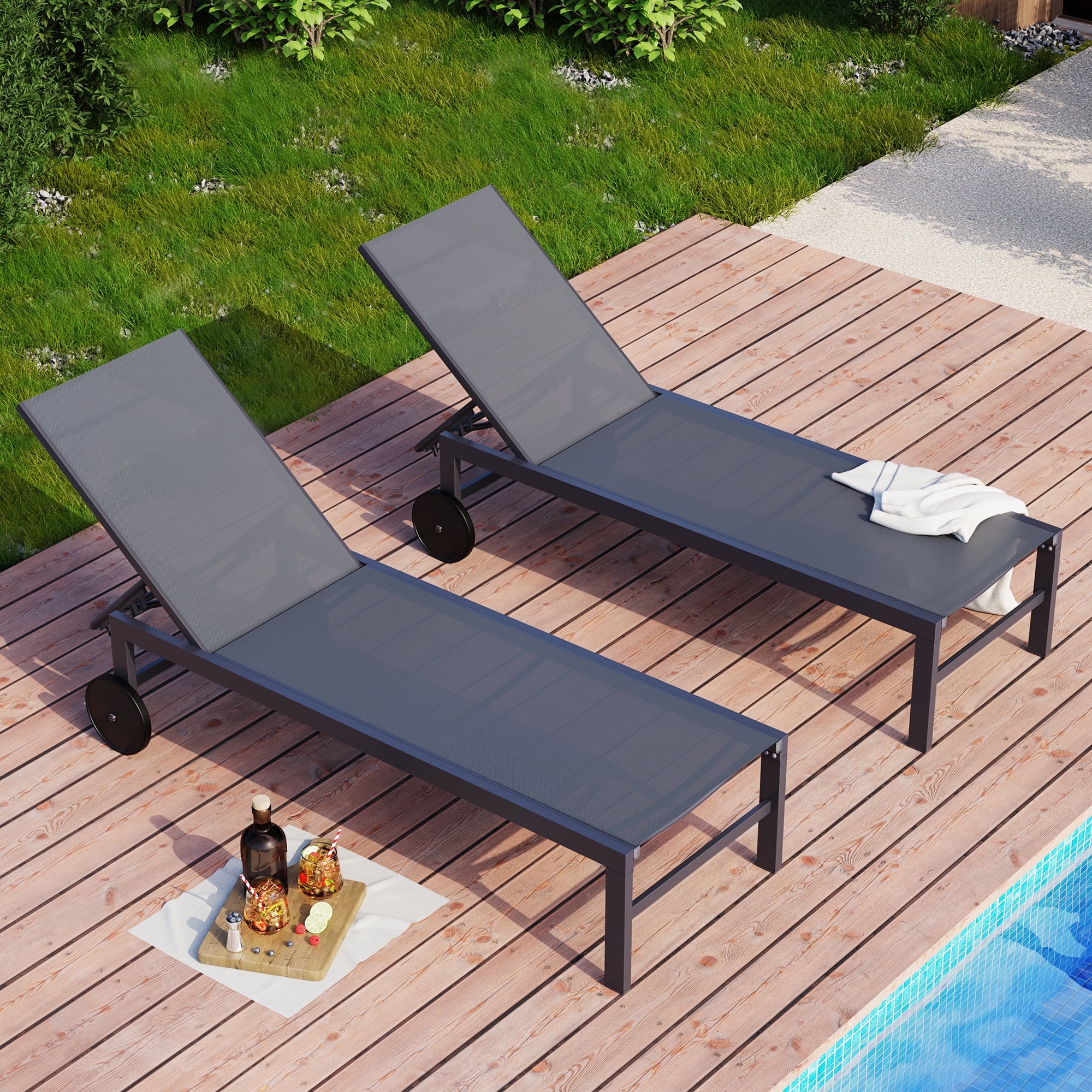 Walsunny Aluminum Adjustable Angle and Wheels Chaise Lounge Chair - Set of 2 Gray