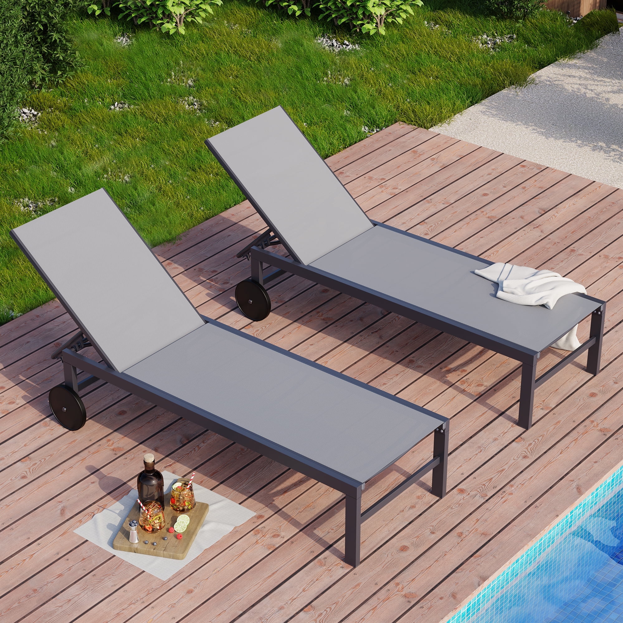 Walsunny 2pcs Patio Outdoor Chaise Lounge Chair with Wheels for Outside Aluminum Adjustable Angle Lounge Chair Set（Light Gray）