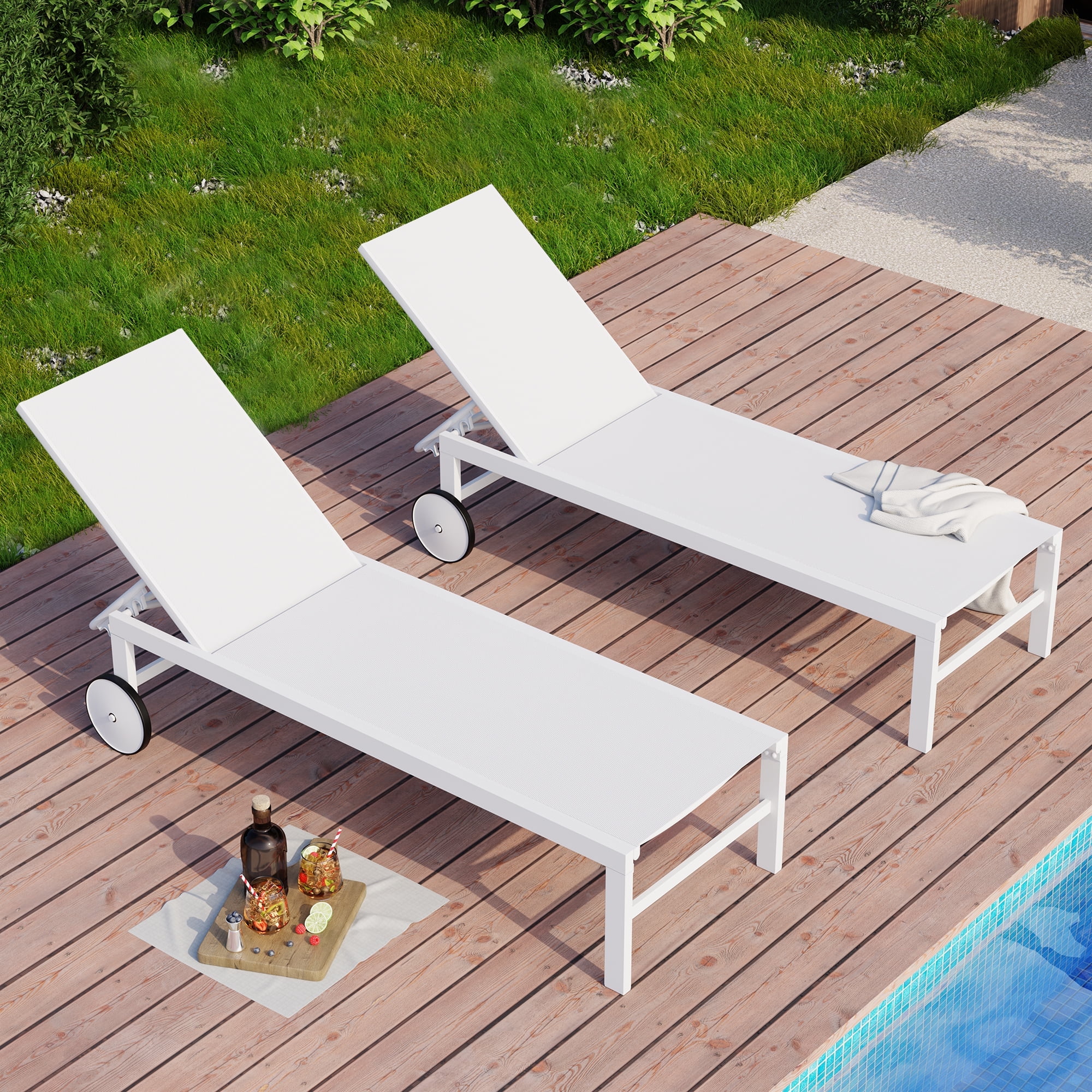 Walsunny 2pcs Patio Outdoor Chaise Lounge Chair with Wheels for Outside Aluminum Adjustable Angle Lounge Chair Set White