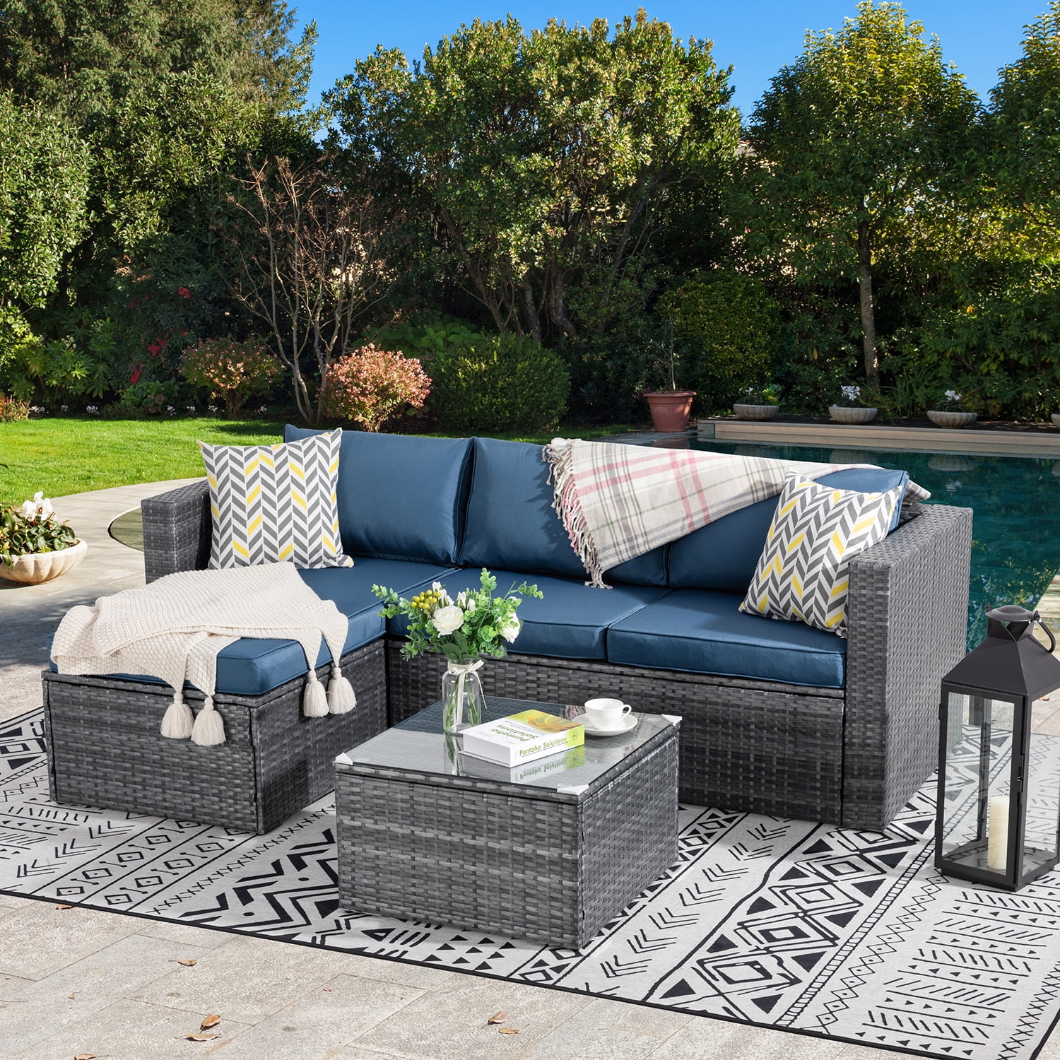 Walsunny 3 Piece Aegean Blue Outdoor Furniture Sectional Sofa Patio Set Silver Gray Rattan Wicker Shop 2024 Deals Walmart