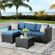 Walsunny 3 Pieces Outdoor Patio Sectional Sofa Furniture Set with 2-seater Sofa, Lounge Sofa, Glass Coffee Table Black PE Wicker Rattan Aegean Blue Waterproof Cushions for Garden Backyard Balcony