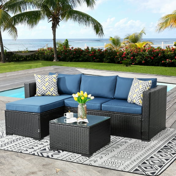 Walsunny 3 Pieces Outdoor Patio Sectional Sofa Furniture Set with 2-seater Sofa, Lounge Sofa, Glass Coffee Table Black PE Wicker Rattan Aegean Blue Waterproof Cushions for Garden Backyard Balcony