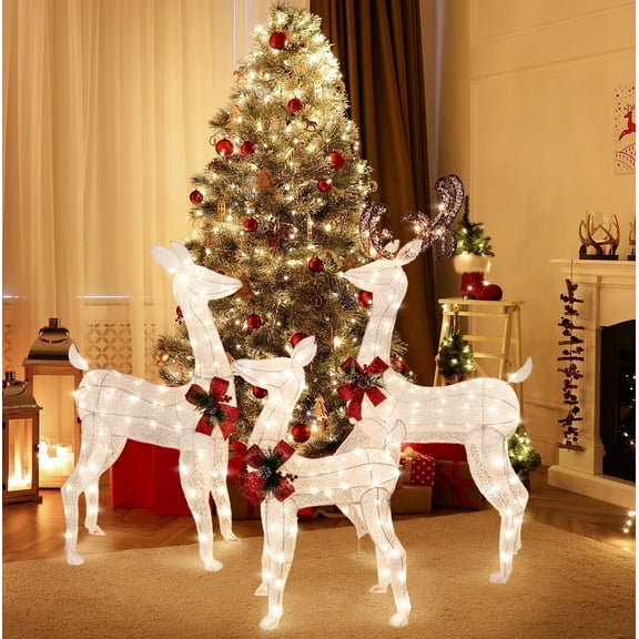 Walsunny 3-Piece Lighted Christmas Deer Set,Large Christmas Deer Family with 170 LED Lights for Outdoor or Indoor,White