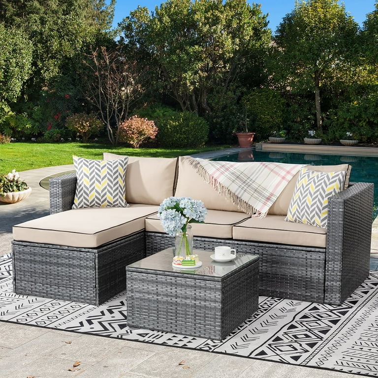Walsunny Piece Khaki Outdoor Furniture Sectional Sofa Patio Set with  Silver Gray Rattan Wicker