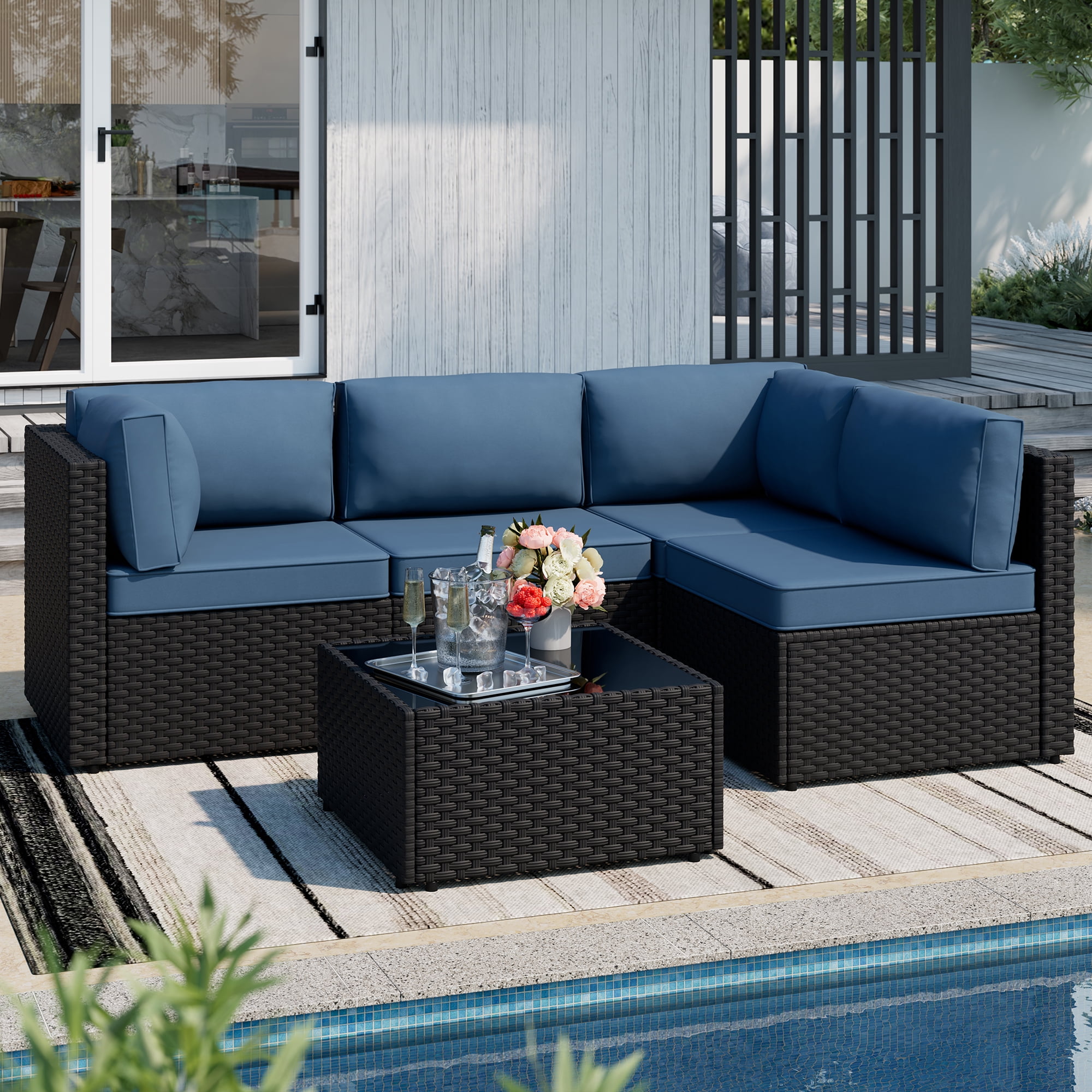 Walsunny 5 Pieces Outdoor Furniture Patio Sectional Sofa Set, Wicker Rattan Conversation Sets with Cushions and Glass Table, Black Rattan Dark Blue Cushions