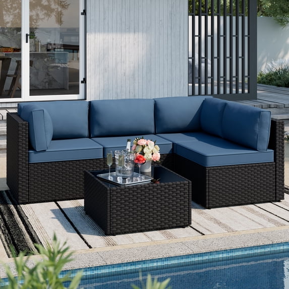 Walsunny 5 Pieces Outdoor Furniture Patio Sectional Sofa Set, Wicker Rattan Conversation Sets with Cushions and Glass Table, Black Rattan Dark Blue Cushions
