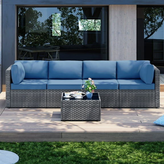 Walsunny 5 Pieces Outdoor Furniture Patio Sectional Sofa Set, Wicker Rattan Conversation Sets with Cushions and Glass Table, Silver Rattan Dark Blue Cushions