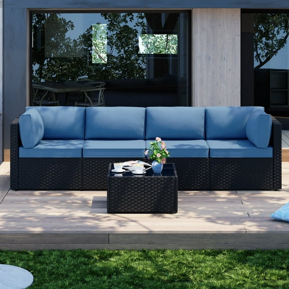 Walsunny 5 Pieces Outdoor Furniture Patio Sectional Sofa Set, Wicker Rattan Conversation Sets with Cushions and Glass Table, Black Rattan Dark Blue Cushions