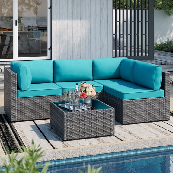 Walsunny 5 Pieces Outdoor Furniture Patio Sectional Sofa Set, Wicker Rattan Conversation Sets with Cushions and Glass Table, Silver Rattan Blue Cushions