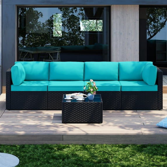 Walsunny 5 Pieces Outdoor Furniture Patio Sectional Sofa Set, Wicker Rattan Conversation Sets with Cushions and Glass Table, Black Rattan Blue Cushions