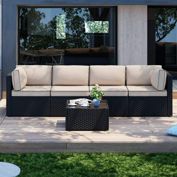 Walsunny 5 Pieces Outdoor Furniture Patio Sectional Sofa Set, Wicker Rattan Conversation Sets with Cushions and Glass Table, Black Rattan Khaki Cushions
