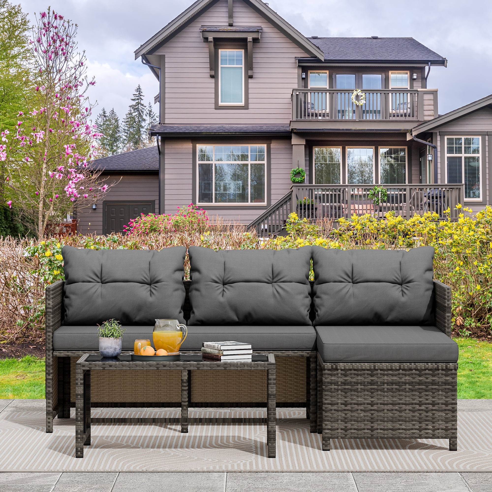 Walsunny 3-Piece Patio Sectional Sofa Set, Durable All-Weather Woven Wicker Outdoor Furniture with Cushions & Glass Coffee Table | Modern Weather-Resistant Design for Garden, Deck, Backyard(Gray)