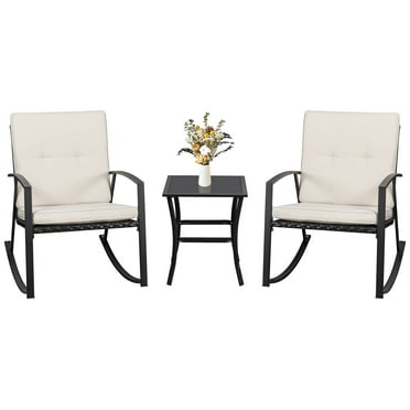 Walsunny Outdoor Rocking Bistro Set 3 Piece Metal Patio Porch Furniture with 2 Rattan Wicker Patio Cushioned Rocking Chairs 1 Patio Table,Beige Cushion