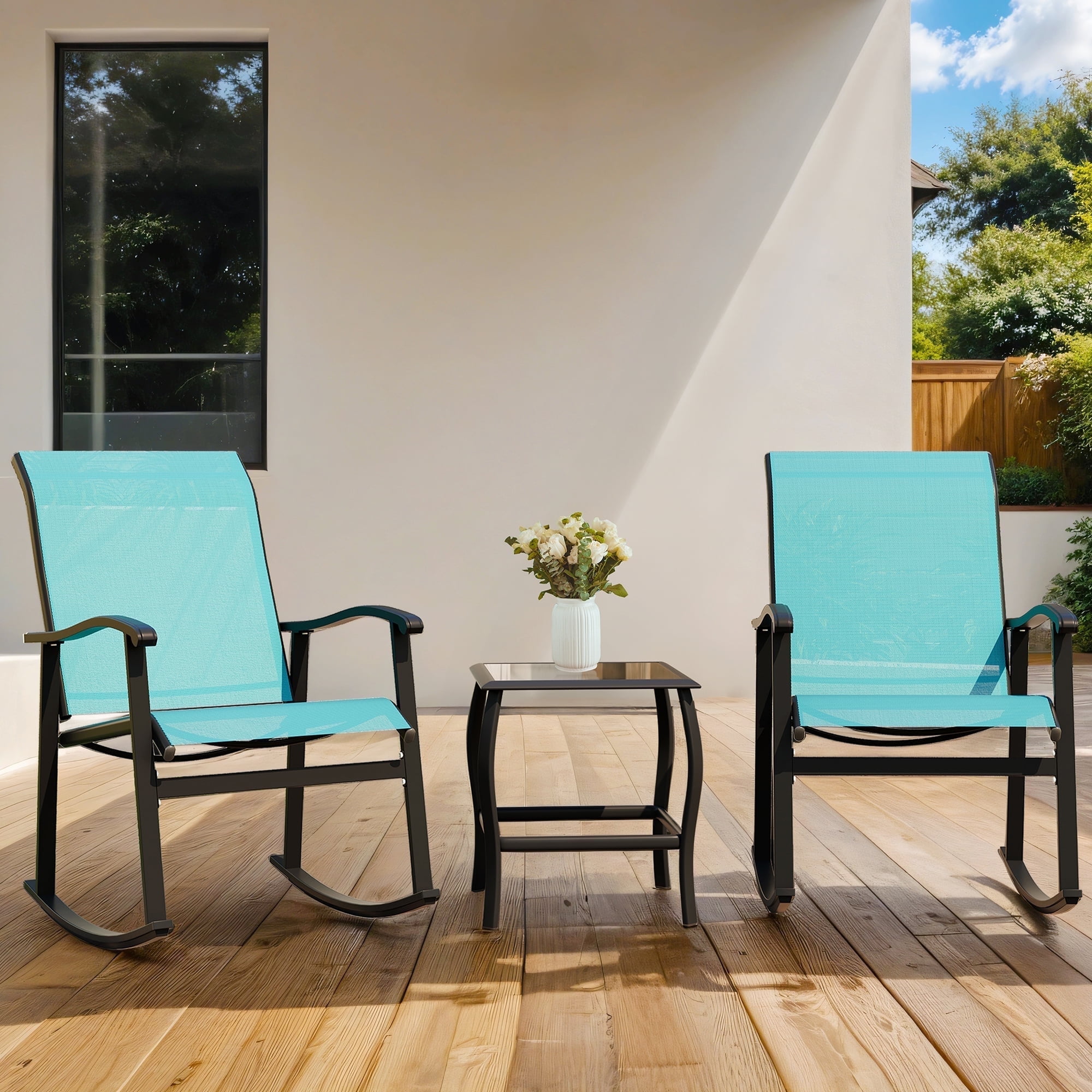 Walsunny 3pk Rocking Bistro Patio Set, 2 Outdoor Rocking Chairs, Glass ...