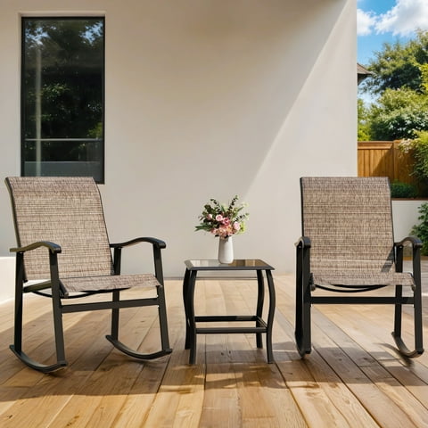 Walsunny 3 Pieces Rocking Bistro Patio Furniture Rocker Set with 2 Outdoor Rocking Chairs and 1 Glass Coffee Table for Porch Deck Lawn,Brown