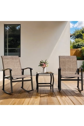 3 Pieces Rocking Bistro Patio Furniture Rocker Set with 2 Outdoor Rocking Chairs and 1 Glass Coffee Table for Porch Deck Lawn,Brown