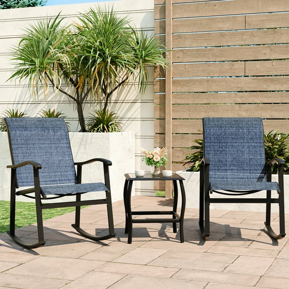 Walsunny 3 Pieces Rocking Bistro Patio Furniture Rocker Set with 2 Outdoor Rocking Chairs and 1 Glass Coffee Table for Porch Deck Lawn,Deep Blue
