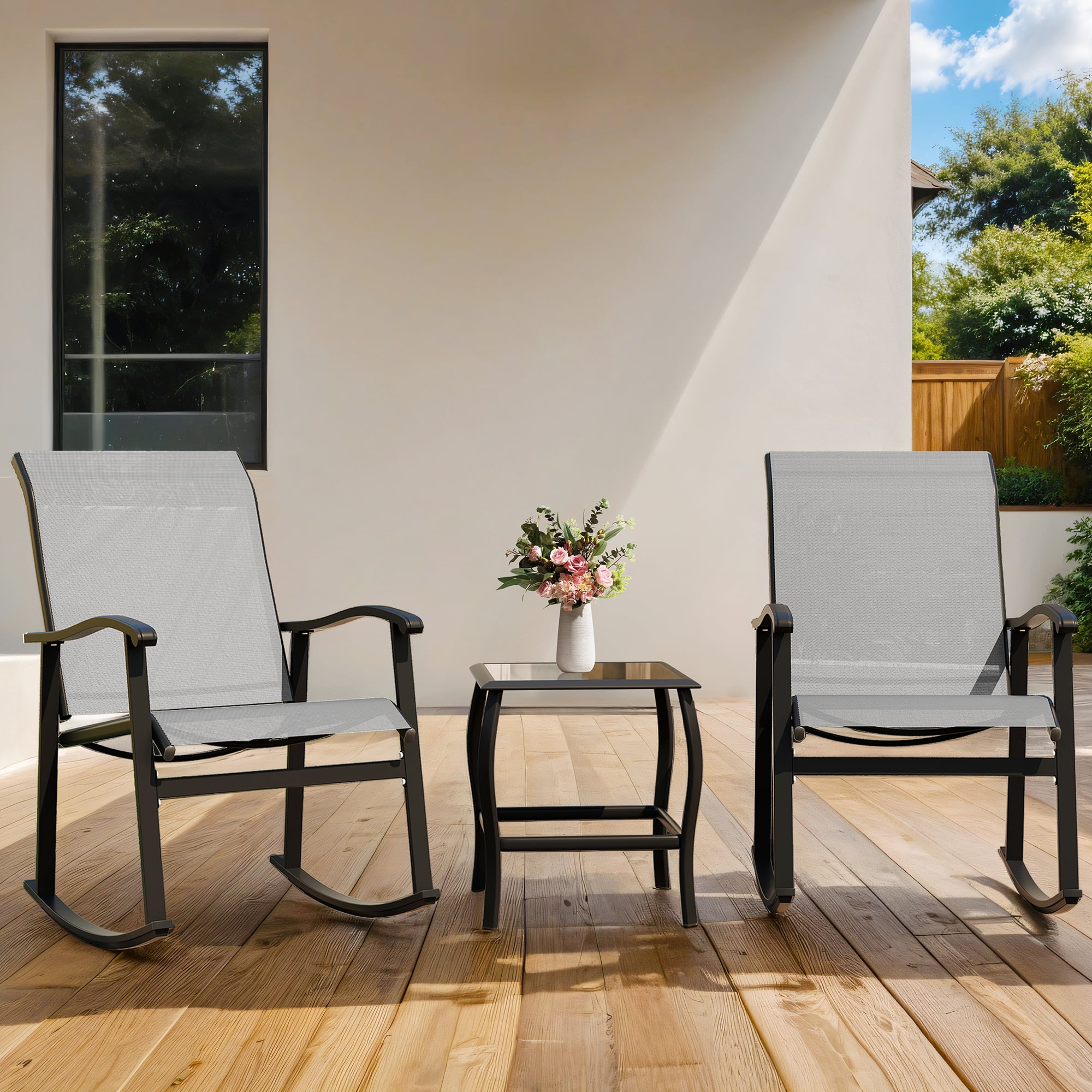 Walsunny 3-Piece Outdoor Rocking Bistro Set, Light Gray Rocker Chairs & Glass Coffee Table