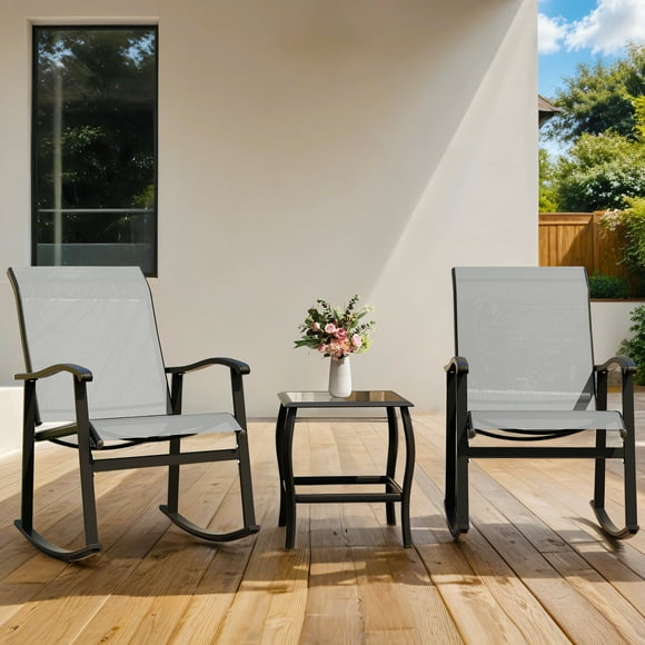 Walsunny 3 Pieces Rocking Bistro Patio Furniture Rocker Set with 2 Outdoor Rocking Chairs and 1 Glass Coffee Table for Porch Deck Lawn,Light Gray