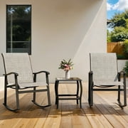 Walsunny 3 Pieces Rocking Bistro Patio Furniture Rocker Set with 2 Outdoor Rocking Chairs and 1 Glass Coffee Table for Porch Deck Lawn,Gray